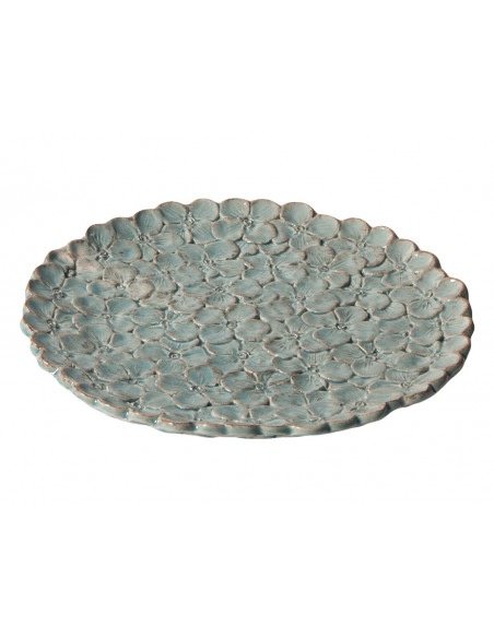 Ontbijtbord van Italiaans keramiek in de vorm van een Hortensia in de kleur turquoise.